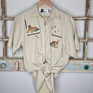 Tiger khaki Collared Button Up Top Ladies size Medium by Shipshe